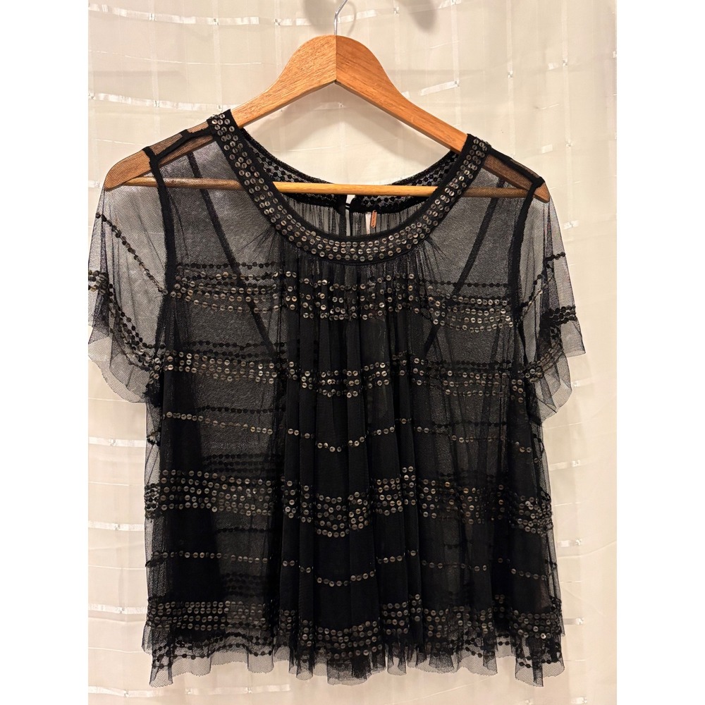 Free People Black Sheer Mesh Sequin Keyhole Back Top Medium